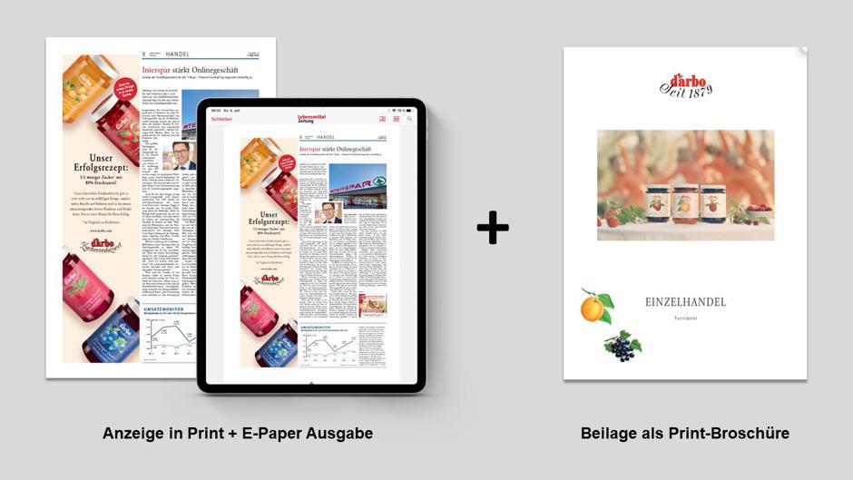 Credible product advertising through placement of print ads in Lebensmittel Zeitung. Added to this is the attention-grabbing presentation of the product variety through additional inserts.