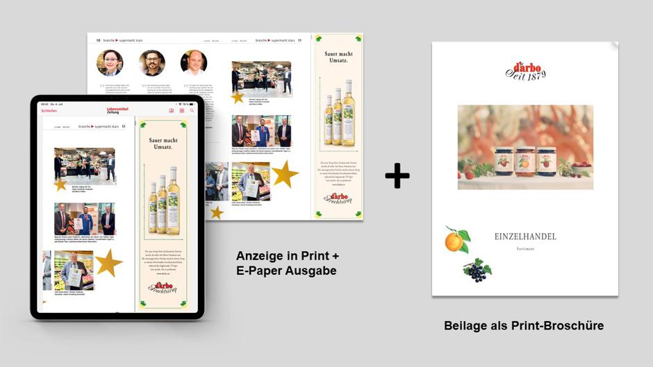 Targeted product advertising at the POS through placement of print ads in LZ direkt. This content-based product and merchandise presentation is cleverly complemented by inserts.