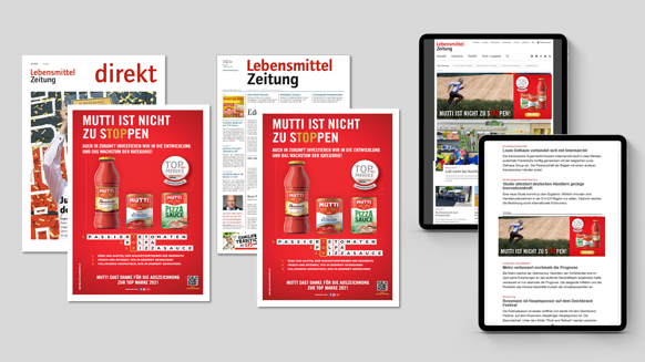 Cross-media presentation as Top Marke 2021 winner in the category ready-to-eat/steady sauces by means of large-scale ads in Lebensmittel Zeitung and LZ direkt as well as banners in the LZ Newsletter and on LZ.net. In 2022, Mutti won the Top Marke in the tomato paste category and also celebrated this success in an attention-grabbing way in the LZ media!