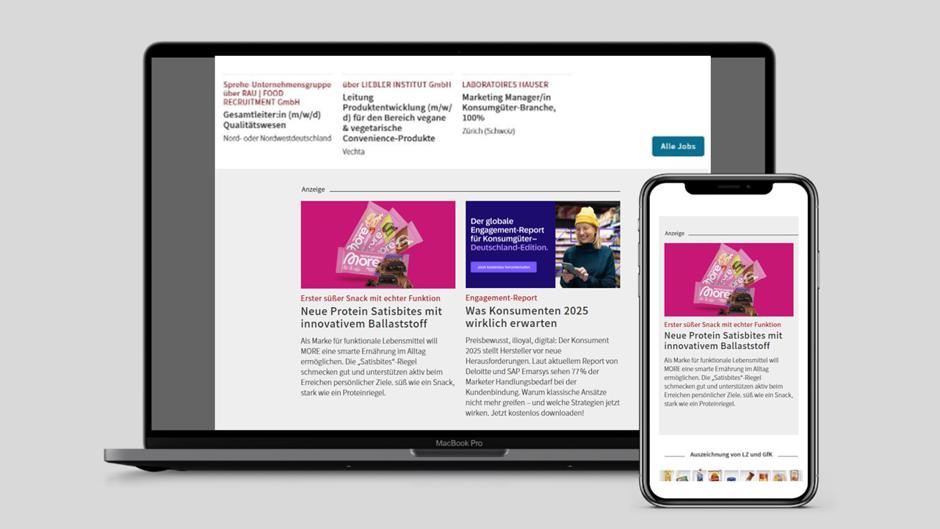 Editorial teasers on the homepage of www.lebensmittelzeitung.net (14 days website integration) refer to your advertorial.