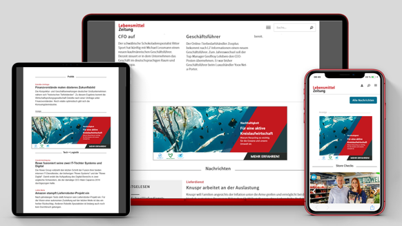 Editorial-style teasers link to your Content Hub on the homepage of www.lebensmittelzeitung.net for three weeks.
