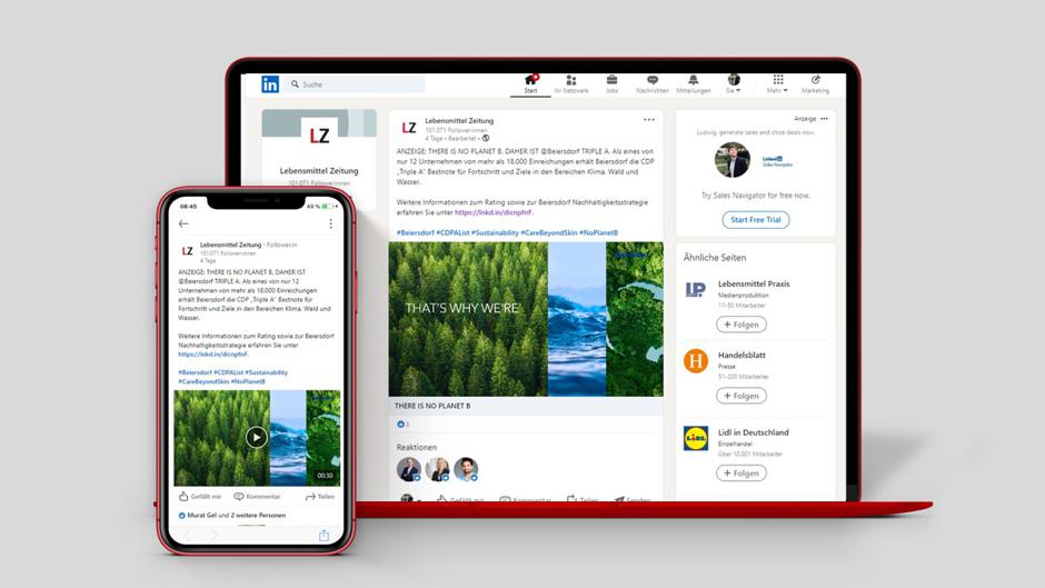 Beiersdorf uses the LinkedIn post for its sustainability communication and presents the company's own sustainability strategy in an image video.  